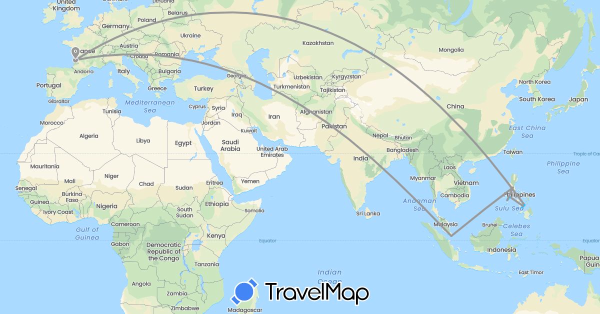 TravelMap itinerary: plane, boat in China, France, Philippines, Singapore (Asia, Europe)